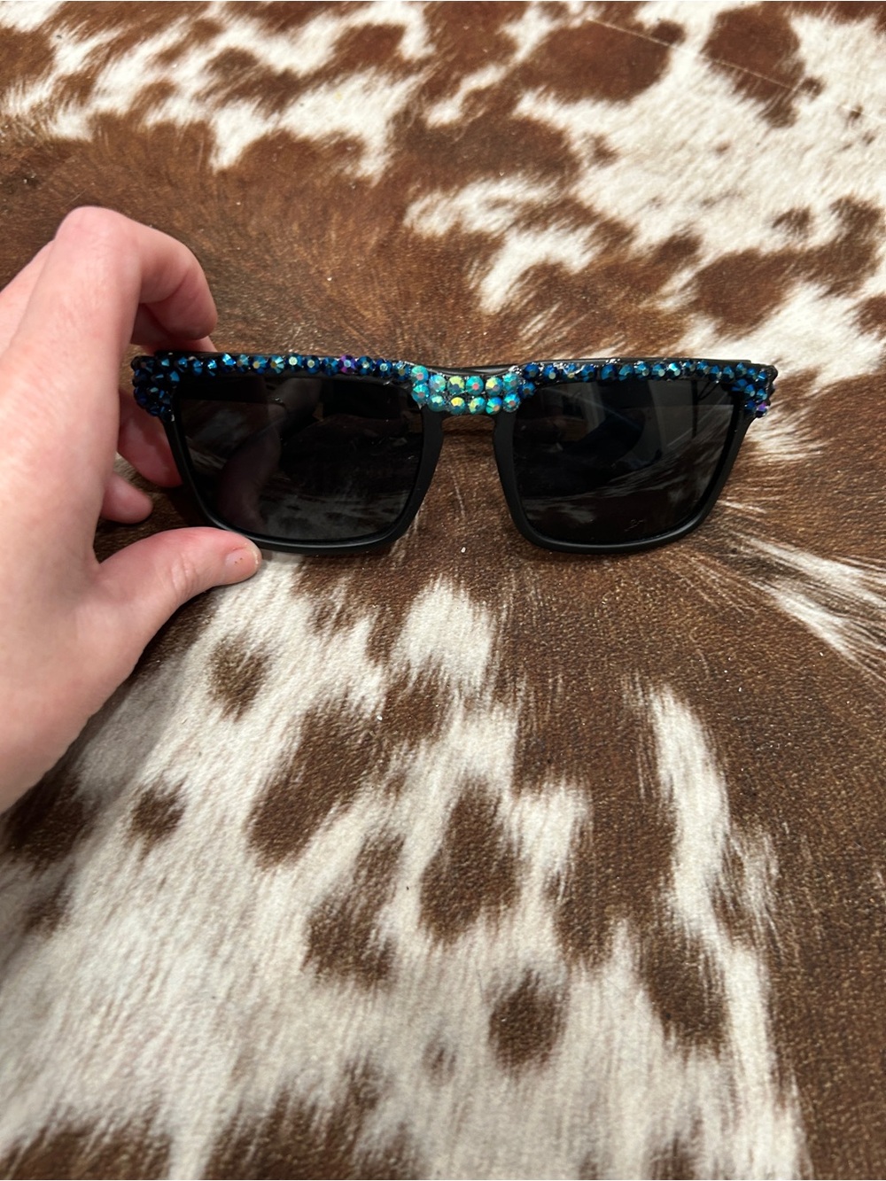 Black custom Sunglasses with Blue Iridescent Rhinestones